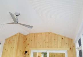 White Beadboard Ceiling with Natural Pine V-Groove Wall